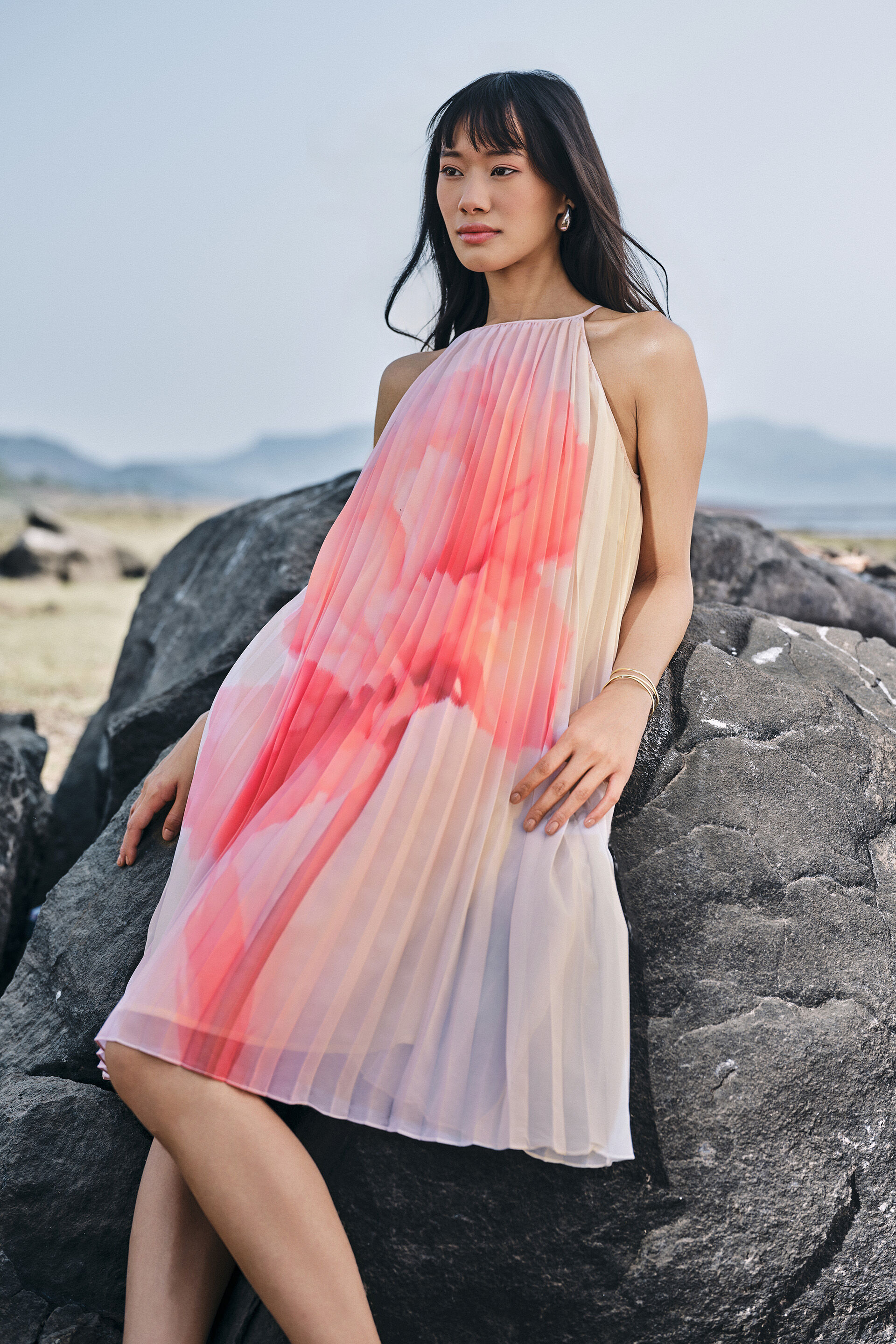 Ciara Pleated Halter Dress, Pink, image 3